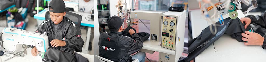 Vista panorámica de la fábrica de impermeables Sequoia Speed - trabajadores confeccionando impermeables 2