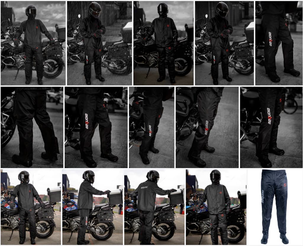 Collage de impermeables para moto Sequoia Speed - 12 fotos de motociclistas con impermeables negros