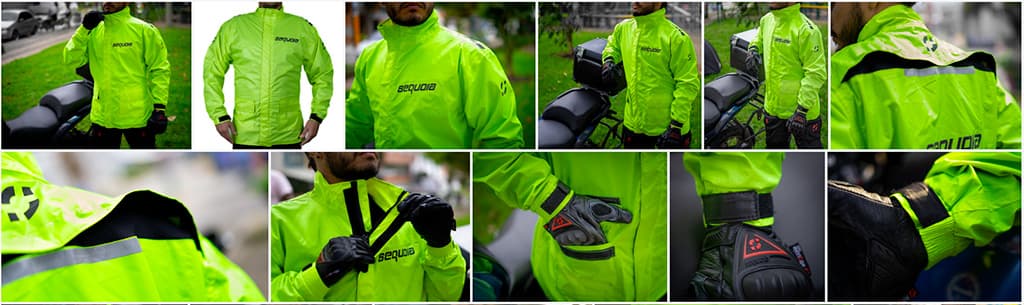 Detalle de impermeable verde neón con bandas reflectivas