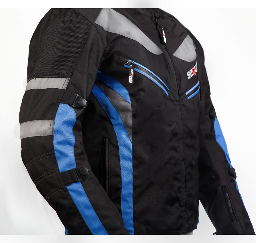 Chaqueta Carrera Blue - Chaqueta Antifricción de Moto, Impermeable Sequoia Speed detalle protecciones - Certificadas CE