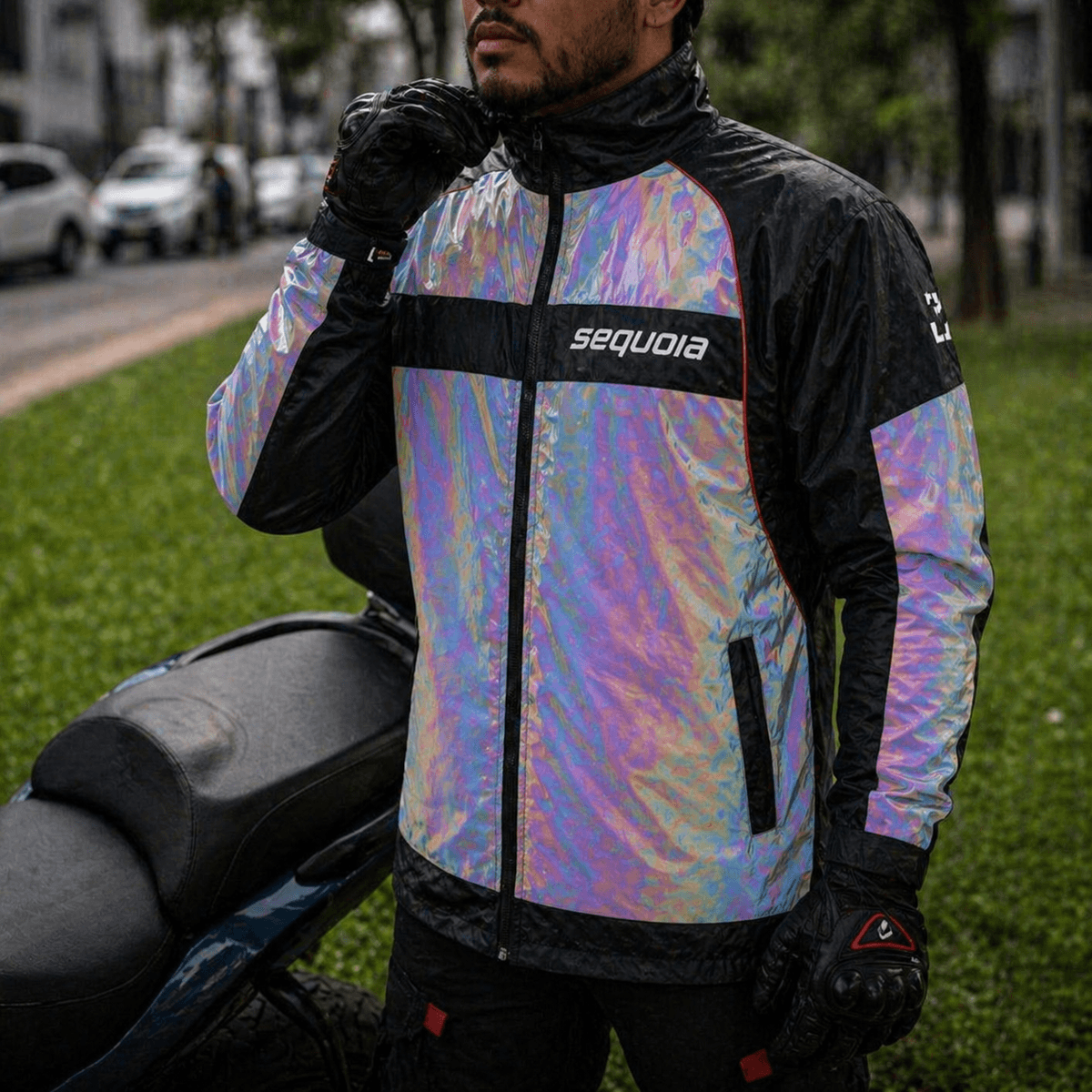 Chaqueta Reflectiva Tornasol de Moto tipo Cortaviento con Protecciones Motociclista para Mujer y Caballeros