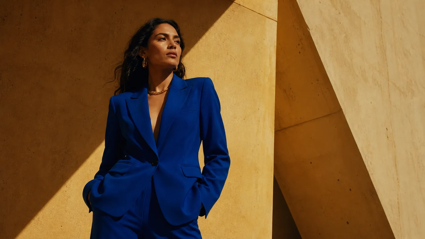 Concepto IA: modelo adulta con traje azul ante una arquitectura ocre
