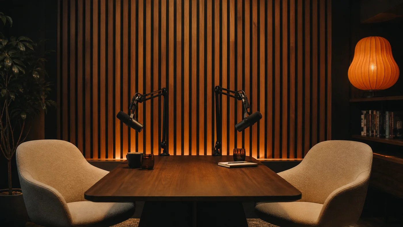 Concepto IA: set de podcast cálido con dos sillas y micrófonos