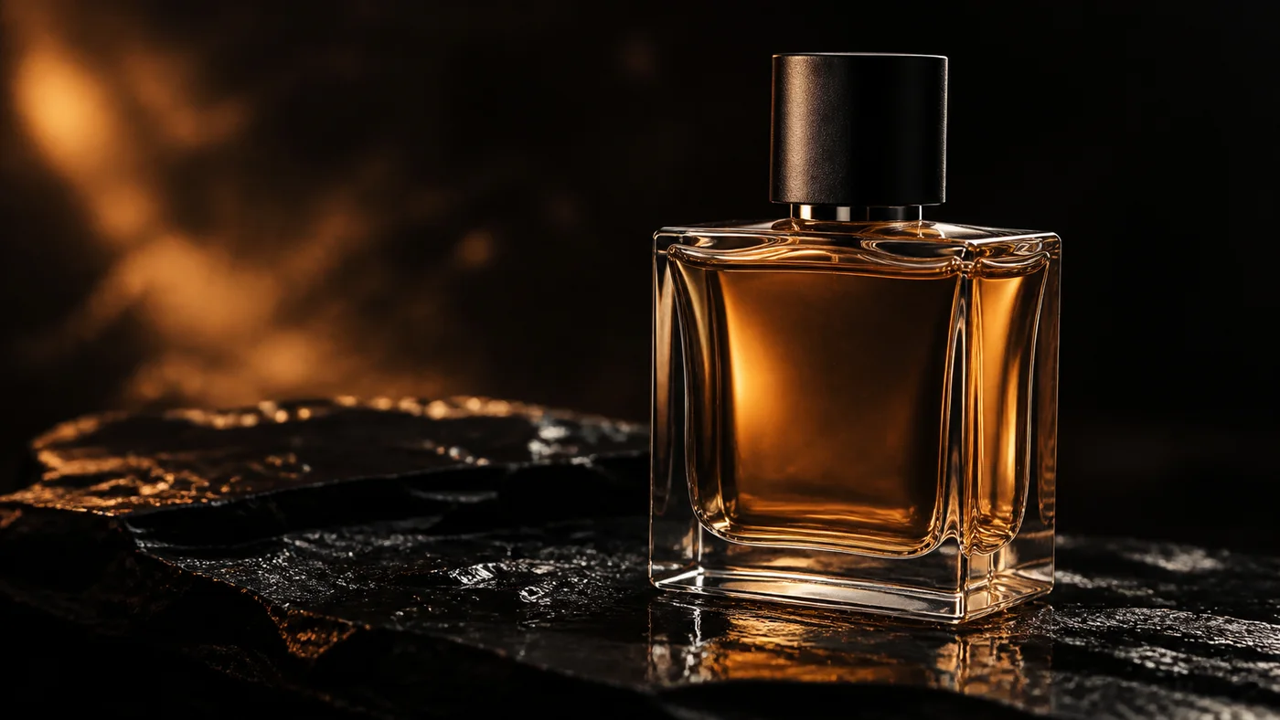 Concepto IA: botella de perfume sin marca iluminada sobre piedra oscura